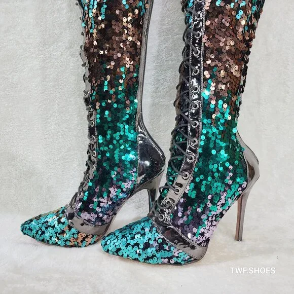 Over the Knee Thigh High Lace Up Stiletto Heel Sequin Boots Pewter - Picture 11 of 11
